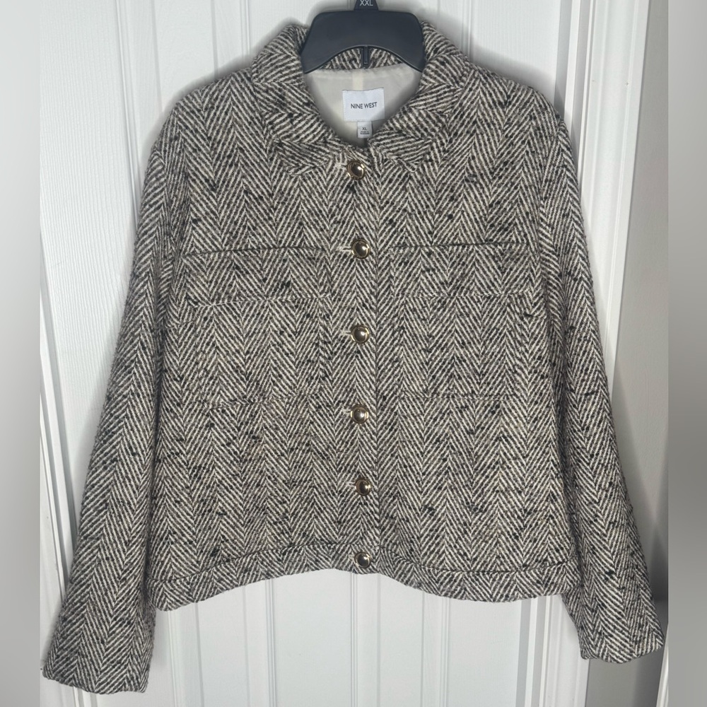Nine West Herringbone Cropped Ivory and Brown Jacket